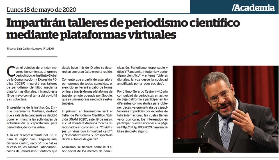 Impartir&aacute;n talleres de periodismo científico mediante plataformas virtuales